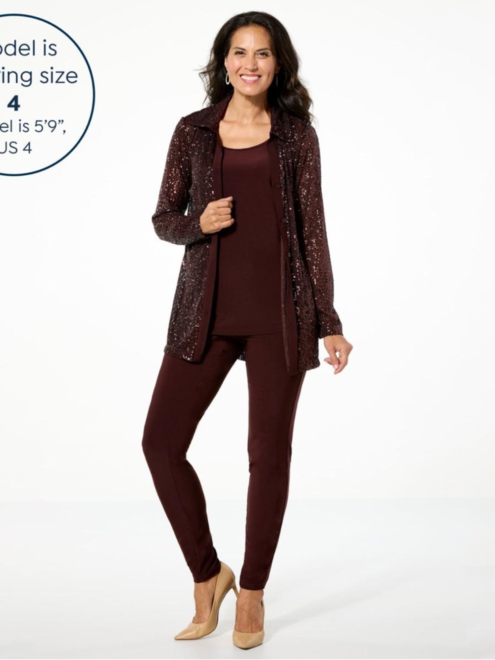 Nina Leonard Chocolate 3 piece Sequined Button-Front Top, Tank and Pant Set